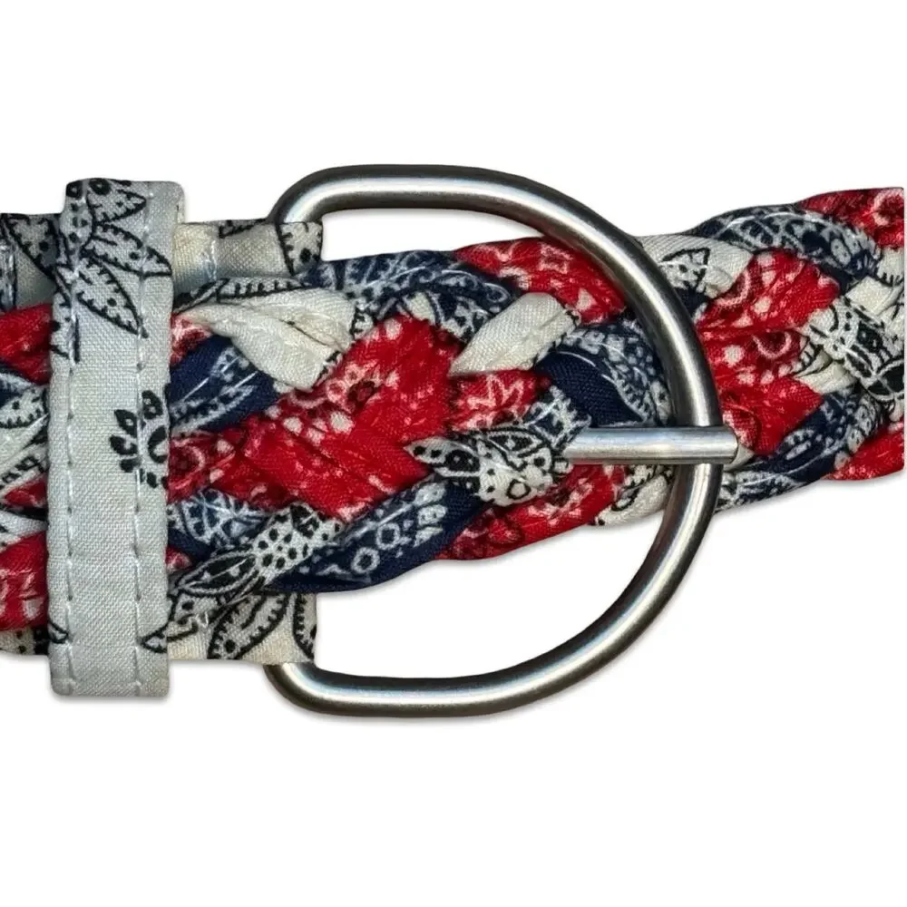 Braided Bandana Print Fabric Belt Red White Blue D Ring Size 7 Western Americana
